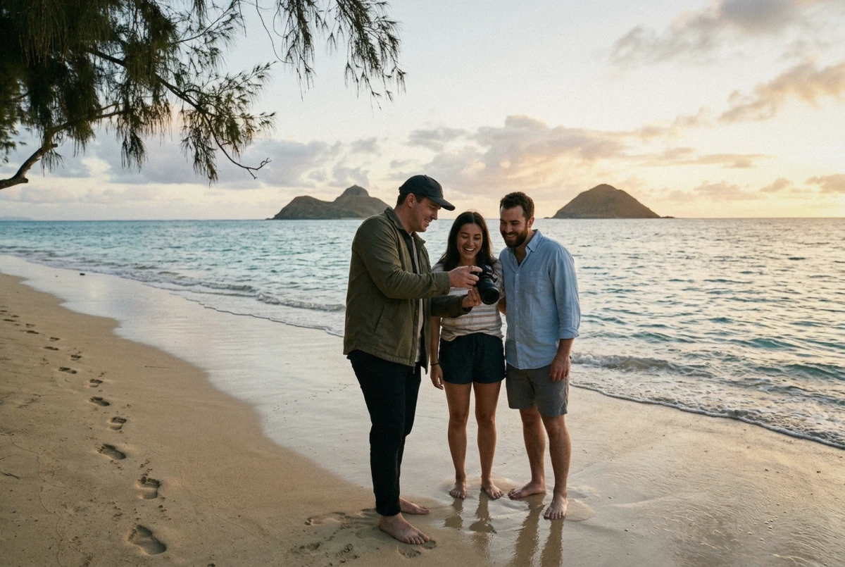 Photographer showing the camera screen to a couple at sunrise on Lanikai Beach, one of the best Hawaii photo spots on Oahu