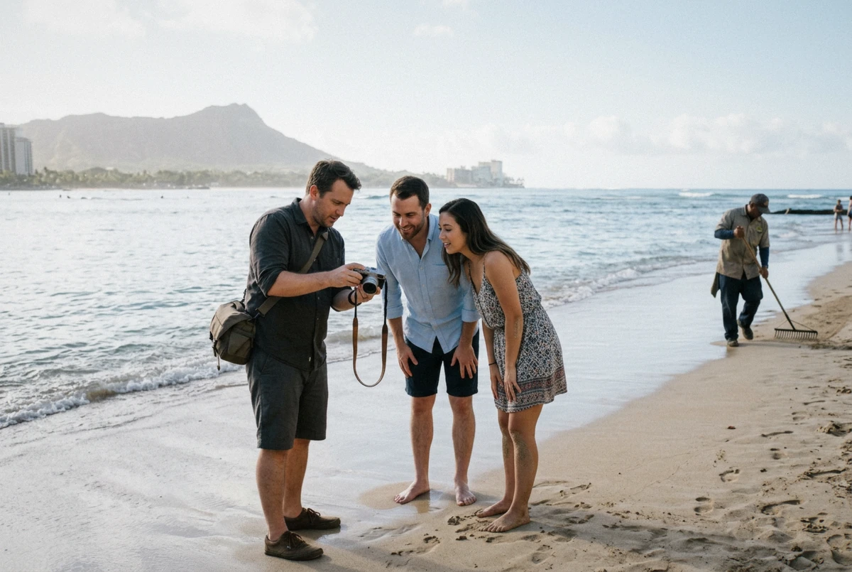Photographer showing the camera screen to a couple on Waikiki beach, illustrating what a Hawaii photoshoot costs