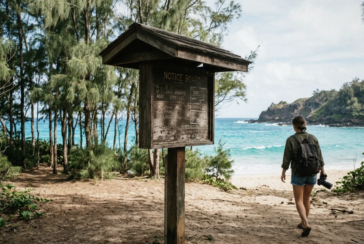 State park notice board at the entrance to a Hawaii beach, illustrating Hawaii photography permit rules