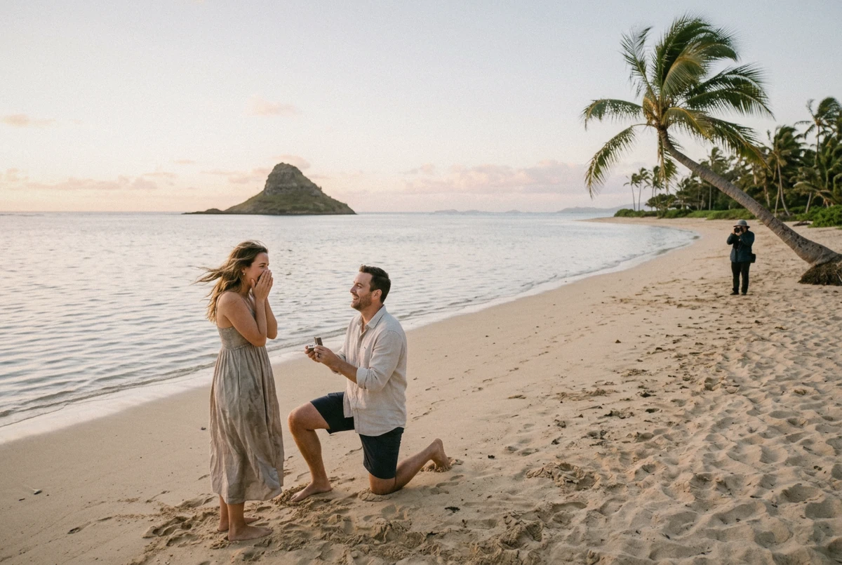 Man proposing on an empty Hawaii beach at sunrise with a photographer at a distance, a Hawaii proposal photoshoot