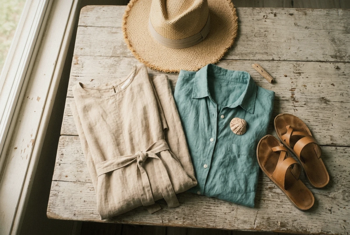 Flat lay of linen dress, teal shirt, woven hat and sandals for what to wear for a photoshoot in Hawaii