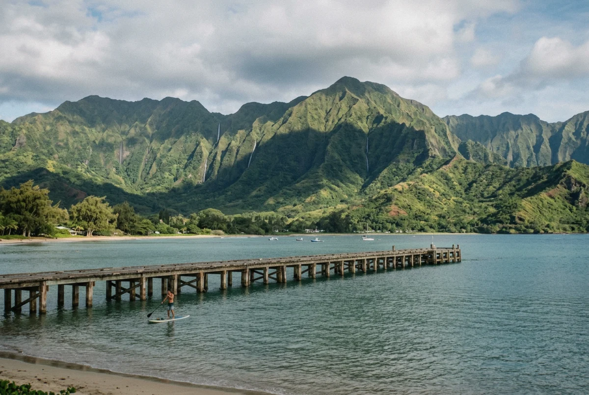 Hanalei Bay pier on Kauai with green mountains and waterfalls behind, a Kauai photoshoot location in Hawaii