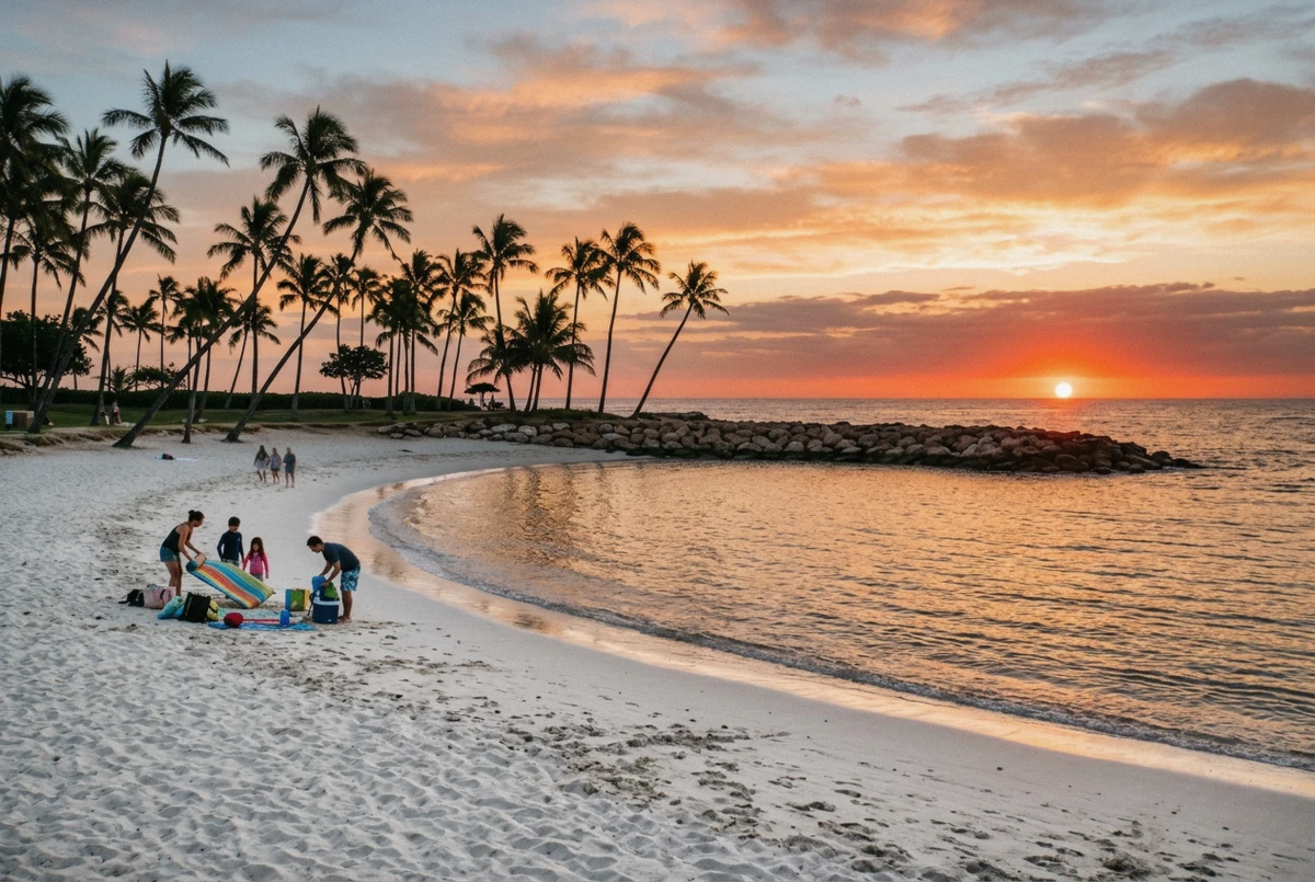 Sunset over a sheltered Ko Olina lagoon on Oahu's west coast, a Hawaii sunset photoshoot location