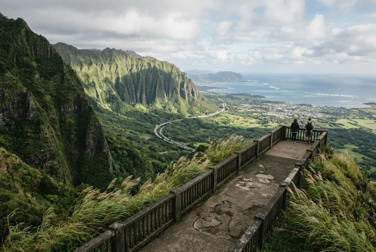 Nuuanu Pali Lookout on Oahu with fluted green cliffs, one of the Hawaii photo spots on the windward coast