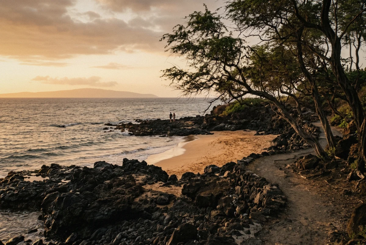 Black lava rock and golden sand at Wailea on Maui at sunset, a Maui photoshoot location in Hawaii