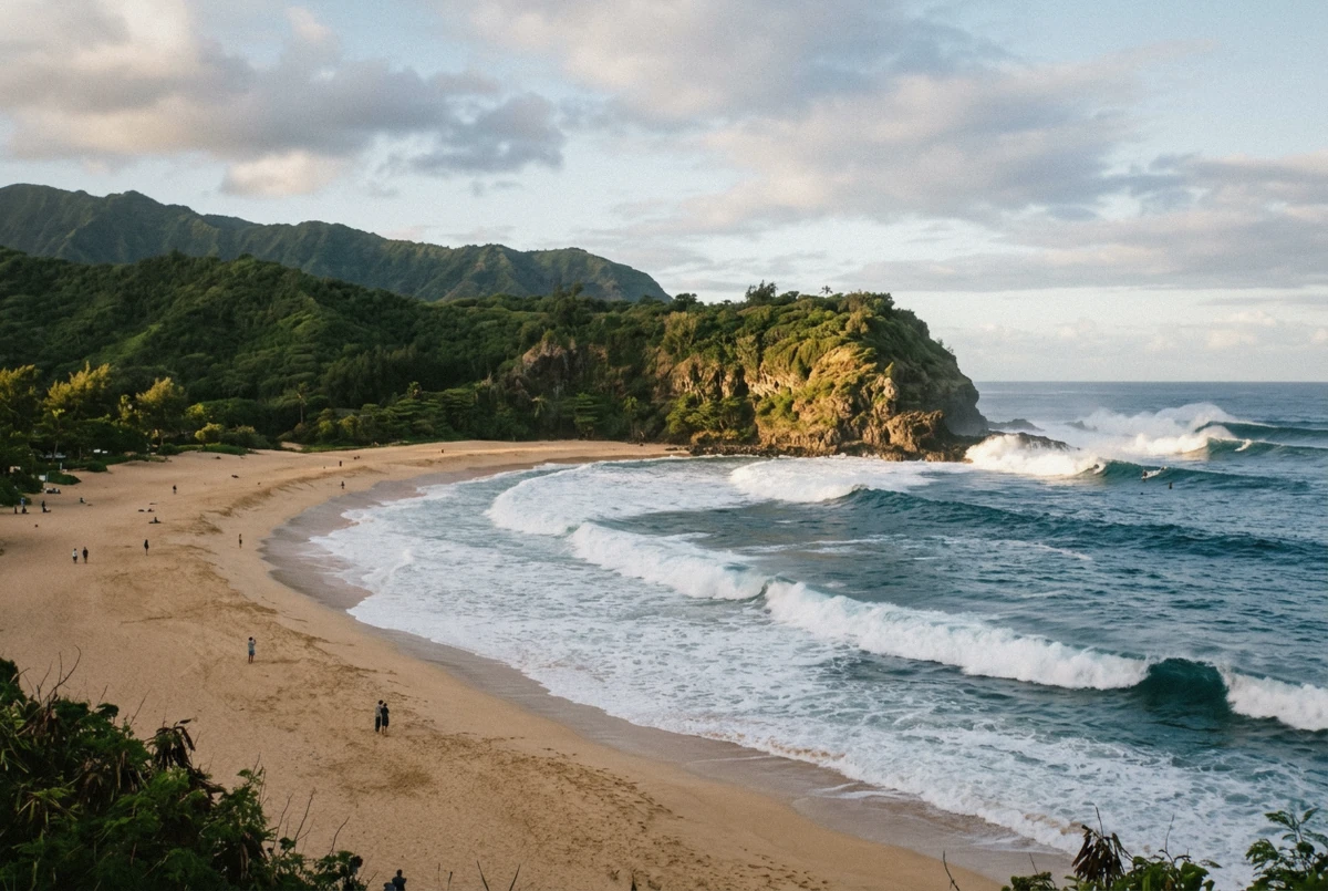 Waimea Bay on Oahu's North Shore in late afternoon light, a Hawaii photoshoot location on the surf coast
