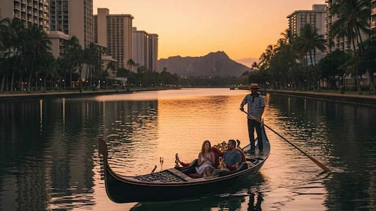 Venetian gondola gliding along the Waikiki Grand Canal with Diamond Head behind during a Waikiki photo shoot cruise in Hawaii